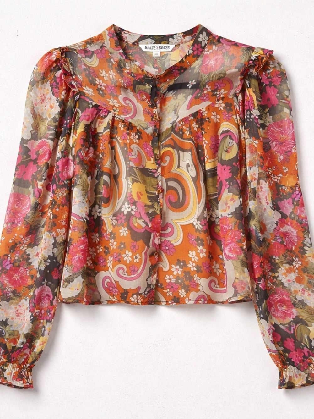 #174 Walter Baker Orange and Pink Floral Paisley Sheer Blouse